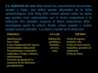 La  definición de caso  debe incluir las características de persona, tiempo y lugar, que deben quedar plasmadas en la ficha epidemiológica. Esta ficha debe incluir además todos los datos que puedan estar relacionados con el factor sospechoso y la infección. Por ejemplo: respecto al factor sospechoso, debe  investigarse quien lo colocó, donde, cómo, cuando y cuanto tiempo estuvo colocado . Los datos a incluir en la ficha son: 