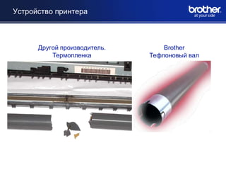 Устройство принтера



      Другой производитель.       Brother
          Термопленка         Тефлоновый вал
 