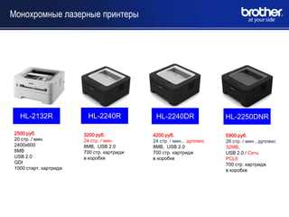 Монохромные лазерные принтеры




  HL-2132R              HL-2240R            HL-2240DR                HL-2250DNR

2500 руб.              3200 руб.           4200 руб.                 5900 руб.
20 стр. / мин.         24 стр. / мин.      24 стр. / мин., дуплекс   26 стр. / мин., дуплекс
2400x600               8MB, USB 2.0        8MB, USB 2.0              32MB,
8MB                    700 стр. картридж   700 стр. картридж         USB 2.0 / Сеть
USB 2.0                в коробке           в коробке                 PCL6
GDI                                                                  700 стр. картридж
1000 старт. картридж                                                 в коробке
 