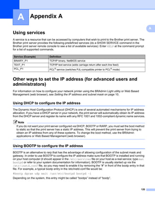 A         Appendix A                                                                                           A




                                                                                                                       A
Using services                                                                                                     A




A service is a resource that can be accessed by computers that wish to print to the Brother print server. The
Brother print server provides the following predefined services (do a SHOW SERVICE command in the
Brother print server remote console to see a list of available services): Enter HELP at the command prompt
for a list of supported commands.

Service (Example)              Definition
BINARY_P1                      TCP/IP binary, NetBIOS service
TEXT_P1                        TCP/IP text service (adds carriage return after each line feed)
PCL_P1                         PCL® service (switches PJL-compatible printer to PCL® mode)



Other ways to set the IP address (for advanced users and
administrators)                                                                                                    A




For information on how to configure your network printer using the BRAdmin Light utility or Web Based
Management (web browser), see Setting the IP address and subnet mask on page 10.


Using DHCP to configure the IP address                                                                             A




The Dynamic Host Configuration Protocol (DHCP) is one of several automated mechanisms for IP address
allocation. If you have a DHCP server in your network, the print server will automatically obtain its IP address
from the DHCP server and register its name with any RFC 1001 and 1002-compliant dynamic name services.

     Note
   If you do not want your print server configured via DHCP, BOOTP or RARP, you must set the boot method
   to static so that the print server has a static IP address. This will prevent the print server from trying to
   obtain an IP address from any of these systems. To change the boot method, use the BRAdmin
   applications or Web Based Management (web browser).


Using BOOTP to configure the IP address                                                                            A




BOOTP is an alternative to rarp that has the advantage of allowing configuration of the subnet mask and
gateway. In order to use BOOTP to configure the IP address make sure that BOOTP is installed and running
on your host computer (it should appear in the /etc/services file on your host as a real service; type man
bootpd or refer to your system documentation for information). BOOTP is usually started up via the
/etc/inetd.conf file, so you may need to enable it by removing the “#” in front of the bootp entry in that
file. For example, a typical bootp entry in the /etc/inetd.conf file would be:
#bootp dgram udp wait /usr/etc/bootpd bootpd -i
Depending on the system, this entry might be called “bootps” instead of “bootp”.



                                                                                                             120
 