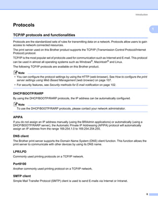 Introduction



Protocols                                                                                                        1




                                                                                                                     1
TCP/IP protocols and functionalities                                                                             1




Protocols are the standardized sets of rules for transmitting data on a network. Protocols allow users to gain
access to network connected resources.
The print server used on this Brother product supports the TCP/IP (Transmission Control Protocol/Internet
Protocol) protocol.
TCP/IP is the most popular set of protocols used for communication such as Internet and E-mail. This protocol
can be used in almost all operating systems such as Windows®, Macintosh® and Linux.
The following TCP/IP protocols are available on this Brother product.

    Note
 • You can configure the protocol settings by using the HTTP (web browser). See How to configure the print
   server settings using Web Based Management (web browser) on page 107.
 • For security features, see Security methods for E-mail notification on page 102.


DHCP/BOOTP/RARP                                                                                                  1




By using the DHCP/BOOTP/RARP protocols, the IP address can be automatically configured.

    Note
   To use the DHCP/BOOTP/RARP protocols, please contact your network administrator.


APIPA                                                                                                            1




If you do not assign an IP address manually (using the BRAdmin applications) or automatically (using a
DHCP/BOOTP/RARP server), the Automatic Private IP Addressing (APIPA) protocol will automatically
assign an IP address from the range 169.254.1.0 to 169.254.254.255.

DNS client                                                                                                       1




The Brother print server supports the Domain Name System (DNS) client function. This function allows the
print server to communicate with other devices by using its DNS name.

LPR/LPD                                                                                                          1




Commonly used printing protocols on a TCP/IP network.

Port9100                                                                                                         1




Another commonly used printing protocol on a TCP/IP network.

SMTP client                                                                                                      1




Simple Mail Transfer Protocol (SMTP) client is used to send E-mails via Internet or Intranet.



                                                                                                              6
 