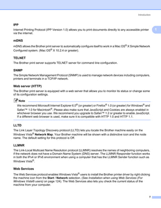 Introduction



IPP                                                                                                              1




Internet Printing Protocol (IPP Version 1.0) allows you to print documents directly to any accessible printer        1
via the internet.

mDNS                                                                                                             1




mDNS allows the Brother print server to automatically configure itself to work in a Mac OS® X Simple Network
Configured system. (Mac OS® X 10.2.4 or greater).

TELNET                                                                                                           1




The Brother print server supports TELNET server for command line configuration.

SNMP                                                                                                             1




The Simple Network Management Protocol (SNMP) is used to manage network devices including computers,
printers and terminals in a TCP/IP network.

Web server (HTTP)                                                                                                1




The Brother print server is equipped with a web server that allows you to monitor its status or change some
of its configuration settings.

      Note
   We recommend Microsoft Internet Explorer 6.0® (or greater) or Firefox® 1.0 (or greater) for Windows® and
   Safari™ 1.0 for Macintosh®. Please also make sure that JavaScript and Cookies are always enabled in
   whichever browser you use. We recommend you upgrade to Safari™ 1.2 or greater to enable JavaScript.
   If a different web browser is used, make sure it is compatible with HTTP 1.0 and HTTP 1.1.


LLTD                                                                                                             1




The Link Layer Topology Discovery protocol (LLTD) lets you locate the Brother machine easily on the
Windows Vista® Network Map. Your Brother machine will be shown with a distinctive icon and the node
name. The default setting for this protocol is Off.

LLMNR                                                                                                            1




The Link-Local Multicast Name Resolution protocol (LLMNR) resolves the names of neighboring computers,
if the network does not have a Domain Name System (DNS) server. The LLMNR Responder function works
in both the IPv4 or IPv6 environment when using a computer that has the LLMNR Sender function such as
Windows Vista®.

Web Services                                                                                                     1




The Web Services protocol enables Windows Vista® users to install the Brother printer driver by right clicking
the machine icon from the Start / Network selection. (See Installation when using Web Services (For
Windows Vista® users) on page 124). The Web Services also lets you check the current status of the
machine from your computer.



                                                                                                                7
 