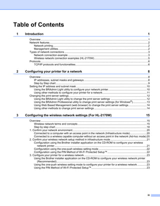 Table of Contents
 1   Introduction                                                                                                                                                 1
       Overview....................................................................................................................................................1
       Network features........................................................................................................................................2
           Network printing...................................................................................................................................2
           Management utilities............................................................................................................................2
       Types of network connections ...................................................................................................................3
           Network connection example ..............................................................................................................3
           Wireless network connection examples (HL-2170W)..........................................................................5
       Protocols....................................................................................................................................................6
           TCP/IP protocols and functionalities....................................................................................................6

 2   Configuring your printer for a network                                                                                                                       8
       Overview....................................................................................................................................................8
           IP addresses, subnet masks and gateways ........................................................................................8
           Step by Step chart ...............................................................................................................................9
       Setting the IP address and subnet mask .................................................................................................10
           Using the BRAdmin Light utility to configure your network printer.....................................................10
           Using other methods to configure your printer for a network.............................................................11
       Changing the print server settings ...........................................................................................................12
           Using the BRAdmin Light utility to change the print server settings .................................................12
           Using the BRAdmin Professional utility to change print server settings (for Windows®)...................13
           Using Web Based Management (web browser) to change the print server settings.........................14
           Using other methods to change print server settings ........................................................................14

 3   Configuring the wireless network settings (For HL-2170W)                                                                                                   15
       Overview..................................................................................................................................................15
           Wireless network terms and concepts...............................................................................................15
           Step by step chart..............................................................................................................................18
       1. Confirm your network environment......................................................................................................20
           Connected to a computer with an access point in the network (Infrastructure mode).......................20
           Connected to a wireless capable computer without an access point in the network (Ad-hoc mode) 20
       2. Confirm your wireless network setup method in infrastructure mode ..................................................21
           Configuration using the Brother installer application on the CD-ROM to configure your wireless
             network printer...............................................................................................................................21
           Configuration using the one-push wireless setting mode ..................................................................22
           Configuration using the PIN Method of Wi-Fi Protected Setup™......................................................22
       3. Configure your printer for a wireless network ......................................................................................23
           Using the Brother installer application on the CD-ROM to configure your wireless network printer
             (Recommended)............................................................................................................................23
           Using the one-push wireless setting mode to configure your printer for a wireless network .............23
           Using the PIN Method of Wi-Fi Protected Setup™............................................................................23




                                                                                                                                                                  iii
 