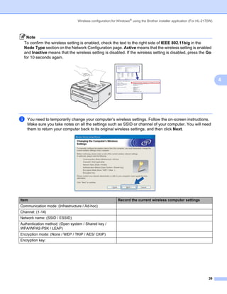 Wireless configuration for Windows® using the Brother installer application (For HL-2170W)



   Note
  To confirm the wireless setting is enabled, check the text to the right side of IEEE 802.11b/g in the
  Node Type section on the Network Configuration page. Active means that the wireless setting is enabled
  and Inactive means that the wireless setting is disabled. If the wireless setting is disabled, press the Go
  for 10 seconds again.




                                                                                                                              4




i   You need to temporarily change your computer’s wireless settings. Follow the on-screen instructions.
    Make sure you take notes on all the settings such as SSID or channel of your computer. You will need
    them to return your computer back to its original wireless settings, and then click Next.




Item                                                       Record the current wireless computer settings
Communication mode: (Infrastructure / Ad-hoc)
Channel: (1-14)
Network name: (SSID / ESSID)
Authentication method: (Open system / Shared key /
WPA/WPA2-PSK / LEAP)
Encryption mode: (None / WEP / TKIP / AES/ CKIP)
Encryption key:




                                                                                                                        39
 