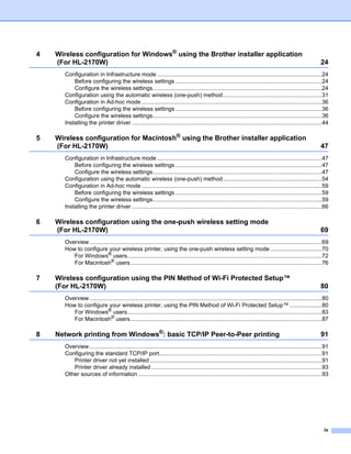 4   Wireless configuration for Windows® using the Brother installer application
    (For HL-2170W)                                                                                                                                           24
      Configuration in Infrastructure mode .......................................................................................................24
          Before configuring the wireless settings ............................................................................................24
          Configure the wireless settings..........................................................................................................24
      Configuration using the automatic wireless (one-push) method..............................................................31
      Configuration in Ad-hoc mode .................................................................................................................36
          Before configuring the wireless settings ............................................................................................36
          Configure the wireless settings..........................................................................................................36
      Installing the printer driver .......................................................................................................................44

5   Wireless configuration for Macintosh® using the Brother installer application
    (For HL-2170W)                                                                                                                                           47
      Configuration in Infrastructure mode .......................................................................................................47
          Before configuring the wireless settings ............................................................................................47
          Configure the wireless settings..........................................................................................................47
      Configuration using the automatic wireless (one-push) method..............................................................54
      Configuration in Ad-hoc mode .................................................................................................................59
          Before configuring the wireless settings ............................................................................................59
          Configure the wireless settings..........................................................................................................59
      Installing the printer driver .......................................................................................................................66

6   Wireless configuration using the one-push wireless setting mode
    (For HL-2170W)                                                                                                                                           69
      Overview..................................................................................................................................................69
      How to configure your wireless printer, using the one-push wireless setting mode ................................70
         For Windows® users..........................................................................................................................72
         For Macintosh® users ........................................................................................................................76

7   Wireless configuration using the PIN Method of Wi-Fi Protected Setup™
    (For HL-2170W)                                                                                                                                           80
      Overview..................................................................................................................................................80
      How to configure your wireless printer, using the PIN Method of Wi-Fi Protected Setup™ ....................80
         For Windows® users..........................................................................................................................83
         For Macintosh® users ........................................................................................................................87

8   Network printing from Windows®: basic TCP/IP Peer-to-Peer printing                                                                                       91
      Overview..................................................................................................................................................91
      Configuring the standard TCP/IP port......................................................................................................91
         Printer driver not yet installed ............................................................................................................91
         Printer driver already installed ...........................................................................................................93
      Other sources of information ...................................................................................................................93




                                                                                                                                                               iv
 