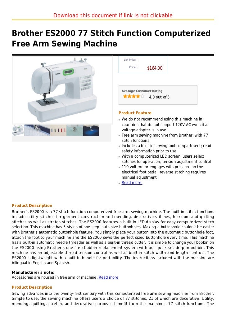Brother es2000 77 stitch function computerized free arm sewing machine