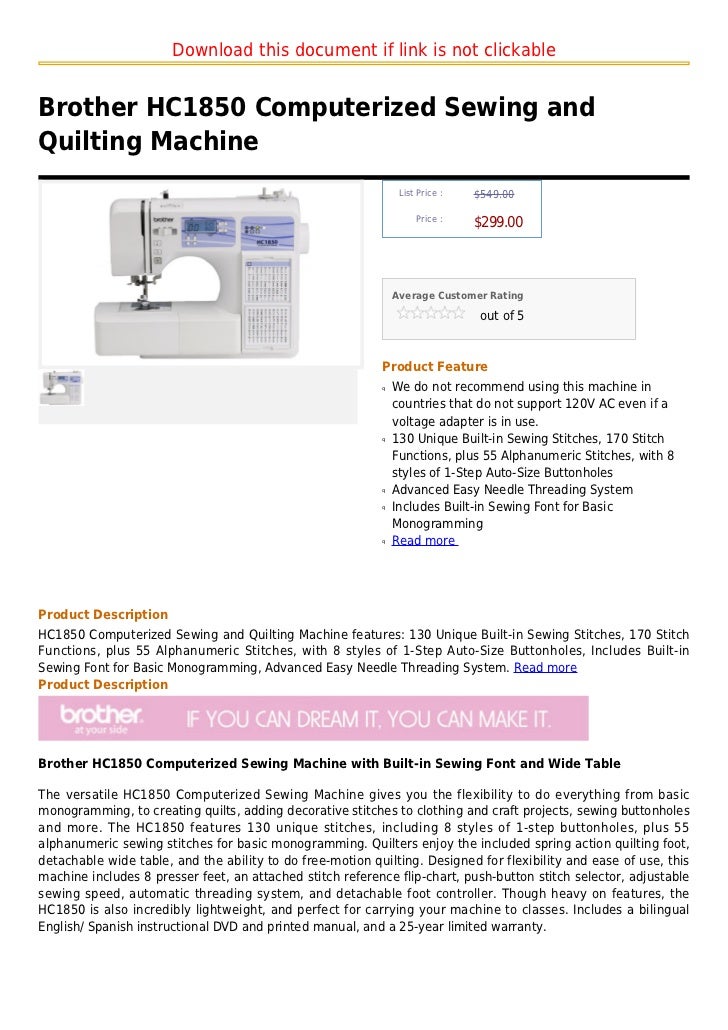 Brother hc1850 computerized sewing and quilting machine