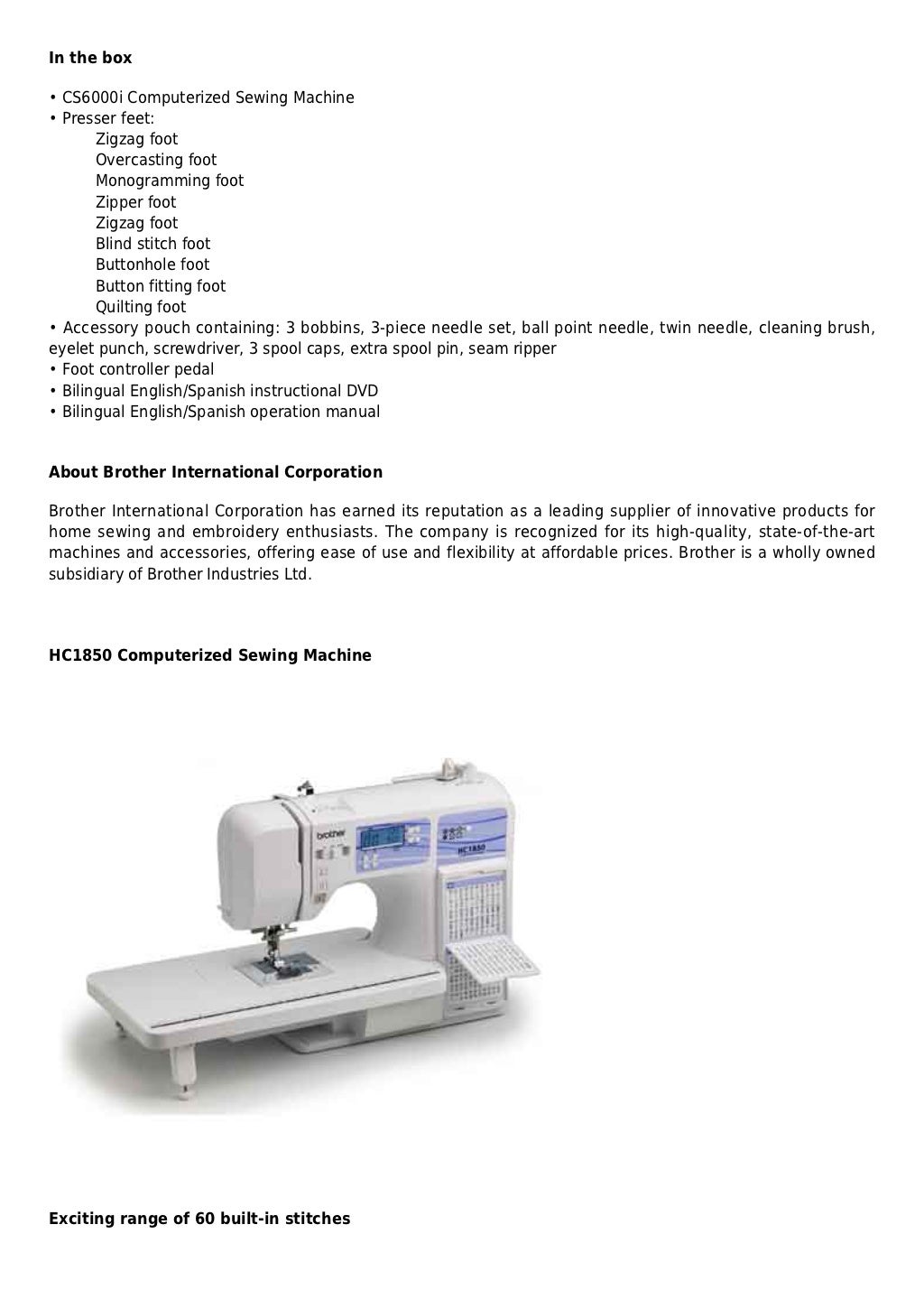 Brother hc1850 computerized sewing and quilting machine