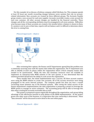 For this example, let us discuss a fictitious company called Fabrikam, Inc. This company spends
at least 20 hours per month reconciling changes between seven systems that rely on accountrelated information. New accounts are created by three different groups. The Accounts Payable
group creates a new account for each new supplier. Accounts receivable creates a new account for
each new customer. All other account changes are handled by the financial controller. These
changes and all the corresponding attributes must be propagated to all seven systems. Difficulties
arise because many of these accounts are created a few months before a balance is shown in them.
If a system is not in sync at that time, reports will not balance and it is difficult to determine where
the error is coming from.
Phased Approach – Before

After reviewing their options, the finance and IT departments agreed that this problem was
a commonly recurring issue with the master data within the organization. The IT department was
able to identify at least six places within the organization where critical company master data
needed to be synchronized. While the time and monetary resources were not available to
implement an enterprise-wide MDM solution in the next quarter, it was determined that the
solution provided should have the ability to scale across the organization.
Three months later, the initial implementation was a success. All three account creators
were using the MDM solution to create new accounts. All of the account structures were being
propagated to the seven internal systems. The company spends less than one hour a month
reconciling issues between any of the financial systems. After seeing the initial success of the
finance department's implementation, the sales organization is preparing a project to leverage the
MDM system to manage its active customers. The accounting group will be able to leverage this
data when creating the accounts receivable data as well.
This project is prepared to grow organically throughout the organization, each group taking
advantage of the efficiencies learned in early phases of the MDM implementation. As the project
grows into other areas of the business, it is imperative that clear ownership is determined. These
"data stewards" will be discussed in more detail in the next white paper.
Phased Approach – After

 