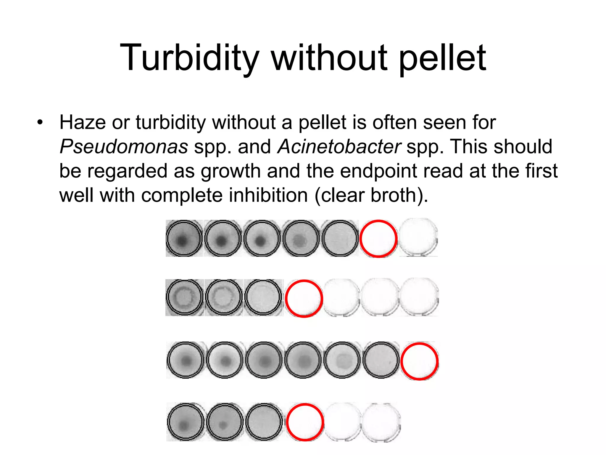 Turbidity without pellet
• Haze or turbidity without a pellet is often seen for
Pseudomonas spp. and Acinetobacter spp. This should
be regarded as growth and the endpoint read at the first
well with complete inhibition (clear broth).
 