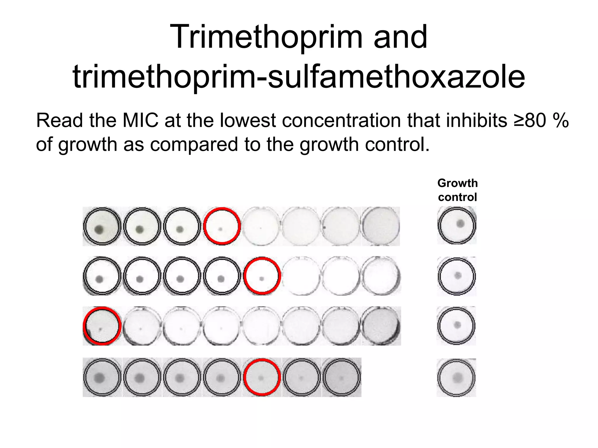 Trimethoprim and
trimethoprim-sulfamethoxazole
Read the MIC at the lowest concentration that inhibits ≥80 %
of growth as compared to the growth control.
Growth
control
 