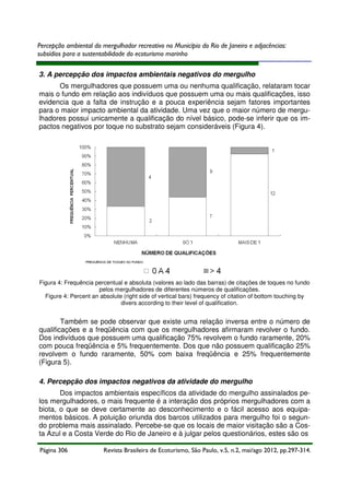 Percepção ambiental do mergulhador recreativo no Município do Rio de Janeiro e adjacências:
subsídios para a sustentabilidade do ecoturismo marinho
3. A percepção dos impactos ambientais negativos do mergulho
Os mergulhadores que possuem uma ou nenhuma qualificação, relataram tocar
mais o fundo em relação aos indivíduos que possuem uma ou mais qualificações, isso
evidencia que a falta de instrução e a pouca experiência sejam fatores importantes
para o maior impacto ambiental da atividade. Uma vez que o maior número de mergulhadores possui unicamente a qualificação do nível básico, pode-se inferir que os impactos negativos por toque no substrato sejam consideráveis (Figura 4).

Figura 4: Frequência percentual e absoluta (valores ao lado das barras) de citações de toques no fundo
pelos mergulhadores de diferentes números de qualificações.
Figure 4: Percent an absolute (right side of vertical bars) frequency of citation of bottom touching by
divers according to their level of qualification.

Também se pode observar que existe uma relação inversa entre o número de
qualificações e a freqüência com que os mergulhadores afirmaram revolver o fundo.
Dos indivíduos que possuem uma qualificação 75% revolvem o fundo raramente, 20%
com pouca freqüência e 5% frequentemente. Dos que não possuem qualificação 25%
revolvem o fundo raramente, 50% com baixa freqüência e 25% frequentemente
(Figura 5).
4. Percepção dos impactos negativos da atividade do mergulho
Dos impactos ambientais específicos da atividade do mergulho assinalados pelos mergulhadores, o mais frequente é a interação dos próprios mergulhadores com a
biota, o que se deve certamente ao desconhecimento e o fácil acesso aos equipamentos básicos. A poluição oriunda dos barcos utilizados para mergulho foi o segundo problema mais assinalado. Percebe-se que os locais de maior visitação são a Costa Azul e a Costa Verde do Rio de Janeiro e à julgar pelos questionários, estes são os
Página 306

Revista Brasileira de Ecoturismo, São Paulo, v.5, n.2, mai/ago 2012, pp.297-314.

 
