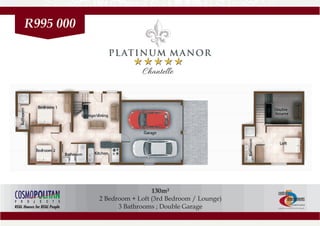 130m²
2 Bedroom + Loft (3rd Bedroom / Lounge)
3 Bathrooms ; Double Garage
PLATINUM MANOR
R995 000
 