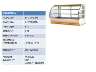 SPECIFICTION
MODEL NO BSE- CCG 2+1
DIMENSION CUSTOMISED
SHELVE QTY 2 +1
REFRIGENT R-22
REFRIGERATION AIR FLOW
OPERATING
TEMPERATURE .+5 ºC to +8 ºC
RATED INPUT AC220V/50HZ
PRODUCT
AVAILIBILITY
COOLING
HOT
(AMBIENT)NORMAL
 