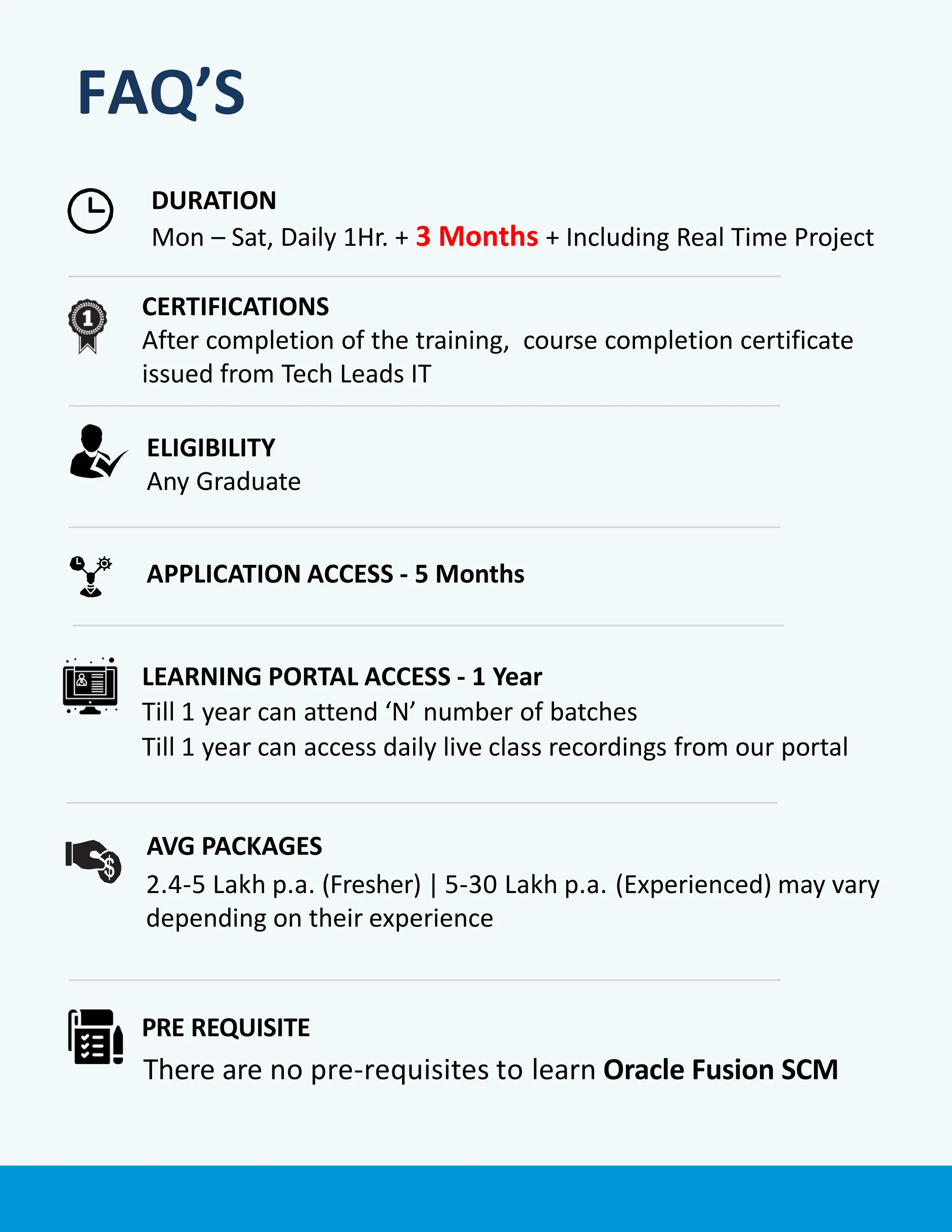 FAQ’S
PRE REQUISITE
There are no pre-requisites to learn Oracle Fusion SCM
APPLICATION ACCESS - 5 Months
LEARNING PORTAL ACCESS - 1 Year
Till 1 year can attend ‘N’ number of batches
Till 1 year can access daily live class recordings from our portal
DURATION
Mon – Sat, Daily 1Hr. + 3 Months + Including Real Time Project
ELIGIBILITY
Any Graduate
CERTIFICATIONS
After completion of the training, course completion certificate
issued from Tech Leads IT
AVG PACKAGES
2.4-5 Lakh p.a. (Fresher) | 5-30 Lakh p.a. (Experienced) may vary
depending on their experience
 