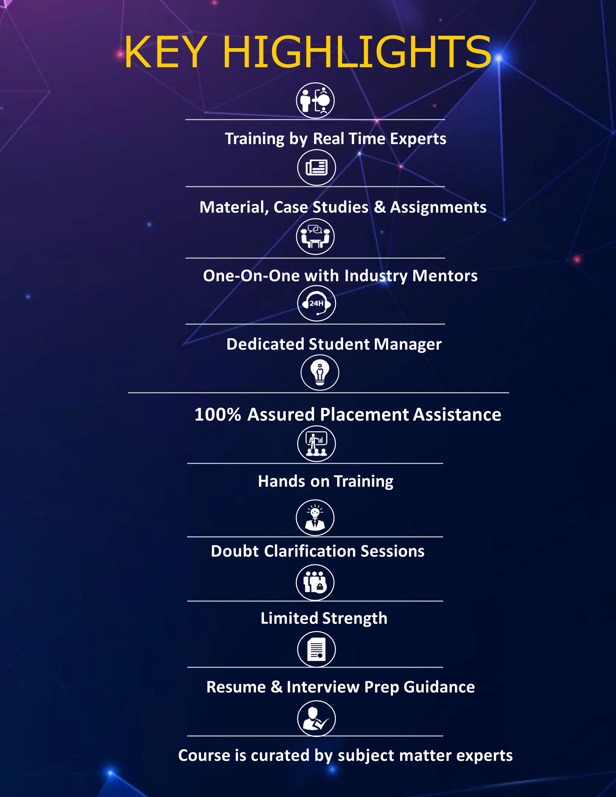 KEY HIGHLIGHTS
Training by Real Time Experts
Material, Case Studies & Assignments
One-On-One with Industry Mentors
Dedicated Student Manager
100% Assured Placement Assistance
Hands on Training
Doubt Clarification Sessions
Limited Strength
Resume & Interview Prep Guidance
Course is curated by subject matter experts
 