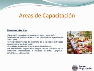 Areas de Capacitación
Alimentos y Bebidas:
•Capacitación de todo el personal de contacto y supervisión.
•Administración (operatoria) Producción (desarrollo de ingeniería del
Menú / carta
•Servicio(procedimientos del desarrollo de la operación del Mozos
camarera como punto de venta.
•Operadores de todos las área de Alimentos y Bebidas
•De Restaurantes: Organización integral para la operación de un
restaurante, independiente o integrado al hotel. Congresos,
Convenciones y Banquetes.
 