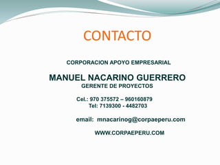 CONTACTO
CORPORACION APOYO EMPRESARIAL
MANUEL NACARINO GUERRERO
GERENTE DE PROYECTOS
Cel.: 970 375572 – 960160879
Tel: 7139300 - 4482703
email: mnacarinog@corpaeperu.com
WWW.CORPAEPERU.COM
 