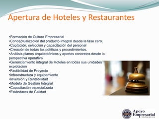 •Formación de Cultura Empresarial
•Conceptualización del producto integral desde la fase cero.
•Captación, selección y capacitación del personal
•Creación de todas las políticas y procedimientos.
•Análisis planos arquitectónicos y aportes concretos desde la
perspectiva operativa
•Gerenciamiento integral de Hoteles en todas sus unidades de
explotación
•Factibilidad de Proyecto
•Infraestructura y equipamiento
•Inversión y Rentabilidad
•Modelo de Gestión Integral
•Capacitación especializada
•Estándares de Calidad
Apertura de Hoteles y Restaurantes
 