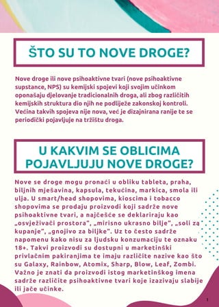 ŠTO SU TO NOVE DROGE?
Nove droge ili nove psihoaktivne tvari (nove psihoaktivne
supstance, NPS) su kemijski spojevi koji svojim učinkom
oponašaju djelovanje tradicionalnih droga, ali zbog različitih
kemijskih struktura dio njih ne podliježe zakonskoj kontroli.
Većina takvih spojeva nije nova, već je dizajnirana ranije te se
periodički pojavljuje na tržištu droga.
U KAKVIM SE OBLICIMA
POJAVLJUJU NOVE DROGE?
Nove se droge mogu pronaći u obliku tableta, praha,
biljnih mješavina, kapsula, tekućina, markica, smola ili
ulja. U smart/head shopovima, kioscima i tobacco
shopovima se prodaju proizvodi koji sadrže nove
psihoaktivne tvari, a najčešće se deklariraju kao
„osvježivači prostora“, „mirisno ukrasno bilje“, „soli za
kupanje“, „gnojivo za biljke“. Uz to često sadrže
napomenu kako nisu za ljudsku konzumaciju te oznaku
18+. Takvi proizvodi su dostupni u marketinški
privlačnim pakiranjima te imaju različite nazive kao što
su Galaxy, Rainbow, Atomix, Sharp, Blow, Leaf, Zombi.
Važno je znati da proizvodi istog marketinškog imena
sadrže različite psihoaktivne tvari koje izazivaju slabije
ili jače učinke.
1
 