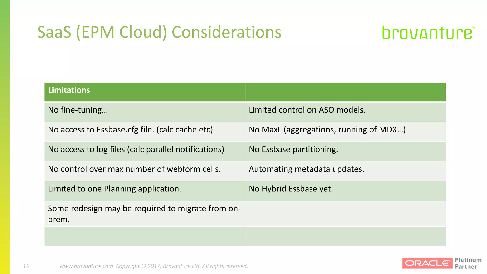 19 |		 www.brovanture.com		 guillaume.slee@brovanture.com
19 www.brovanture.com		Copyright	©	2017,	Brovanture	Ltd.	All	rights	reserved.
SaaS	(EPM	Cloud)	Considerations
Limitations
No	fine-tuning… Limited	control	on	ASO	models.
No	access	to	Essbase.cfg file.	(calc cache	etc) No	MaxL (aggregations,	running	of	MDX…)
No	access	to	log	files	(calc parallel	notifications) No	Essbase	partitioning.
No	control	over	max	number	of	webform	cells. Automating	metadata	updates.
Limited	to	one	Planning	application. No	Hybrid	Essbase	yet.
Some	redesign	may	be	required	to	migrate	from	on-
prem.
 