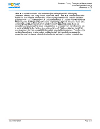                                         Broward County Emergency Management
                                                                                                                           Local Mitigation Strategy
                                                                                                                                   December 2009


            Table 4.35 shows estimated toxic release exposure of people and buildings by
            jurisdiction for fixed sites using census block data, while Table 4.36 shows the result for
            mobile site toxic release. Primary and secondary impact sites were selected based on
            guidance from FEMA Publication #426 (Reference Manual to Mitigate Potential Terrorist
            Attacks Against Buildings) and professional engineering judgment. Because many sites
            containing hazardous materials are located in densely populated areas, there are
            population and structures that could be susceptible to a release from more than one site.
            In some jurisdictions, the number of people and property has been counted more than
            once to account for their susceptibility to multiple potential toxic releases. Therefore, the
            number of people and structures that could potentially be impacted may appear to
            exceed the total number or value of structural units and total population by jurisdiction.




December 2009                                                                                                                                                                 Page 155 

             
 
