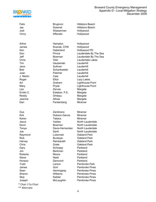 Broward County Emergency Management
                                                         Appendix D - Local Mitigation Strategy
                                                                              December 2009

 
    Felix             Brugnoni          Hillsboro Beach
    Jay               Szesnat           Hillsboro Beach
    Joel              Wasserman         Hollywood
    Vinny             Affanato          Hollywood


    Arline            Hampton           Hollywood
    James             Rusnak, CFM       Hollywood
    Ken               Haberland         Hollywood PD
    Don               Prince            Lauderdale By The Sea
    Jeff              Bowman            Lauderdale By The Sea
    Chris             Vliet             Lauderdale Lakes
    Tim               Hautamaki         Lauderhill
    Jane              Sullivan          Lauderhill
    Bob               Schankweiler      Lauderhill
    Joan              Fletcher          Lauderhill
    J. Martin         Cala              Lauderhill
    Roger             Elliot            Lazy Lakes
    Art               Graham            Lighthouse Point
    Mary              Pryde             Lighthouse Point
    Leo               Zervas            Margate
    Emilio C.         Esteban, P.E.     Margate
    Reddy             Ghitepu           Margate
    Jeanine           Athias            Margate
    Dan               Ferstenberg       Miramar


    Gus               Zambrano          Miramar
    Kirk              Hobson-Garcia     Miramar
    Karen             Takacs            Miramar
    Jesus             Valdes            North Lauderdale
    Kevin             Bowman            North Lauderdale
    Tanya             Davis-Hernandez   North Lauderdale
    Joe               Santi             North Lauderdale
    Raymond           Lubomski          Oakland Park
    Rick              Buckeye           Oakland Park
    Harvey            Rambarath         Oakland Park
    Chris             Grate             Oakland Park
    Gary              Schoepp           Parkland
    Jim               Berkman           Parkland
    Roberta           Moore             Parkland
    Steve             Nash              Parkland
    Horacio           Danovich          Parkland
    Todd              Larson            Pembroke Park
    James             Gort              Pembroke Pines
    Sean              Hemingway         Pembroke Pines
    Sharon            Williams          Pembroke Pines
    Skip              Keibler           Pembroke Pines
    Joseph            McLaughlin        Pembroke Pines
* Chair / Co‐Chair                                                                      
** Alternate 
                                        4 
 