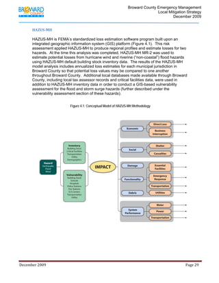                                          Broward County Emergency Management
                                                                                                                            Local Mitigation Strategy
                                                                                                                                    December 2009


             HAZUS­MH 
              
             HAZUS-MH is FEMA’s standardized loss estimation software program built upon an
             integrated geographic information system (GIS) platform (Figure 4.1). This risk
             assessment applied HAZUS-MH to produce regional profiles and estimate losses for two
             hazards. At the time this analysis was completed, HAZUS-MH MR-2 was used to
             estimate potential losses from hurricane wind and riverine (“non-coastal”) flood hazards
             using HAZUS-MH default building stock inventory data. The results of the HAZUS-MH
             model analysis includes annualized loss estimates for each municipal jurisdiction in
             Broward County so that potential loss values may be compared to one another
             throughout Broward County. Additional local databases made available through Broward
             County, including local tax assessor records and critical facilities data, were used in
             addition to HAZUS-MH inventory data in order to conduct a GIS-based vulnerability
             assessment for the flood and storm surge hazards (further described under the
             vulnerability assessment section of these hazards).


                                                   Figure 4.1: Conceptual Model of HAZUS-MH Methodology




December 2009                                                                                                                                                                 Page 29 

              
 