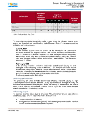                                          Broward County Emergency Management
                                                                                                                            Local Mitigation Strategy
                                                                                                                                    December 2009


                                                                      Number of
                                                                       Events                                 Magnitude
                          Jurisdiction                                                                       (Fujita Scale)
                                                                     Jurisdiction
                                                                                                                                                         Maximum
                                                                     (1950-2008)
                                                                                               F0       F1      F2        F3       F4       F5            F Scale

         Weston                                                                0                0        0        0         0        0        0          not applicable

         Wilton Manors                                                         0                0        0        0         0        0        0          not applicable

         TOTAL                                                               112               74       28        7         3        0        0                 F3

             Source: National Climatic Data Center



             To exemplify the potential impact of a major tornado event, the following notable recent
             events are described and considered as part of Broward County’s risk assessment and
             mitigation planning purposes.

                   June 16, 1997
                   An F1 tornado touched down in Sunrise at the intersection of Commercial
                   Boulevard and Nob Hill, flipping one car. The tornado moved southwest to near
                   NW 103 Street/NW 45 Avenue. Several roofs were damaged, numerous windows
                   were broken, small trees were uprooted and power lines knocked down. Several
                   cars were damaged by flying debris, and one injury was reported. Total damages
                   exceeded $1 million.

                   February 2, 1998
                   In the evening, several F1 tornadoes crossed the Dade/Broward County line and
                   damaged a strip shopping center in Miramar. The multiple tornadoes moved
                   across North Perry airport, where 40 aircraft were destroyed and 40 aircraft were
                   damaged. The tornadoes weakened as they continued north-northeast damaging
                   a shopping center in Davie near Orange Road/Hiatus Road.
                   Total damages exceeded $30 million.

             Probability of Future Events 
             The probability of future tornado occurrences affecting Broward County is high.
             According to historical records, Broward County experiences an average of nearly two
             confirmed tornado touchdowns per year. While the majority of these events are small in
             terms of size, intensity and duration, they do pose a significant threat should Broward
             County experience a direct tornado strike.

             Vulnerability Analysis 
             To estimate potential losses due to tornadoes, NOAA historical tornado loss data was
             used to develop a tornado stochastic model. In this model:

                   •      Losses were scaled for inflation;
                   •      Average historic tornado damageability was used to generate losses for historical
                          tornadic events where losses were not reported;



December 2009                                                                                                                                                                 Page 77 

              
 