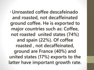 • Unroasted coffee descafeinado
and roasted, not decaffeinated
ground coffee. He is exported to
major countries such as: Coffee,
not roasted united states (74%)
and spain (22%). Of coffee
roasted , not decaffeinated,
ground are France (40%) and
united states (17%) exports to the
latter have important growth rate.
 