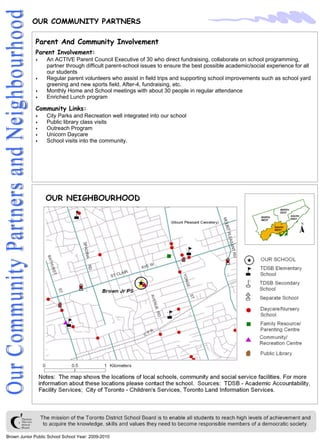 o     An ACTIVE Parent Council Executive of 30 who direct fundraising, collaborate on school programming,
                   partner through difficult parent-school issues to ensure the best possible academic/social experience for all
                   our students
             o     Regular parent volunteers who assist in field trips and supporting school improvements such as school yard
                   greening and new sports field, After-4, fundraising, etc.
             o     Monthly Home and School meetings with about 30 people in regular attendance
             o     Enriched Lunch program


             o     City Parks and Recreation well integrated into our school
             o     Public library class visits
             o     Outreach Program
             o     Unicorn Daycare
             o     School visits into the community.




Brown Junior Public School School Year: 2009-2010
 