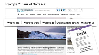 @ialenses — EightShapes — Dan Brown 33
Example 2: Lens of Narrative
Who we are Where we work What we do Understanding poverty Work with us
 