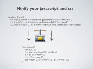 Minify your javascript and css

function login(){
  var inputUname = document.getElementById(“username”);
  var inputPass = document.getElementById(“password”);
  ajaxPost(“/login”, {“username”:inputUname,”password”:inputPass});
}




            function a(){
              var b, c, d;
              d = document.getElementById;
              b = d(“username”);
              c = d(“password”);
              ap(“/login”, {“username”:b,”password”:c});
            }
 