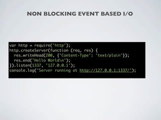NON BLOCKING EVENT BASED I/O




var http = require('http');
http.createServer(function (req, res) {
  res.writeHead(200, {'Content-Type': 'text/plain'});
  res.end('Hello Worldn');
}).listen(1337, '127.0.0.1');
console.log('Server running at http://127.0.0.1:1337/');
 