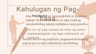 Kahulugan ng Pag-
basa
PAGBASA
Ito rin ay pag-unawa sa wika ng awtor
sapamamagitan ng mga nakasulat na
simbulo.
 
