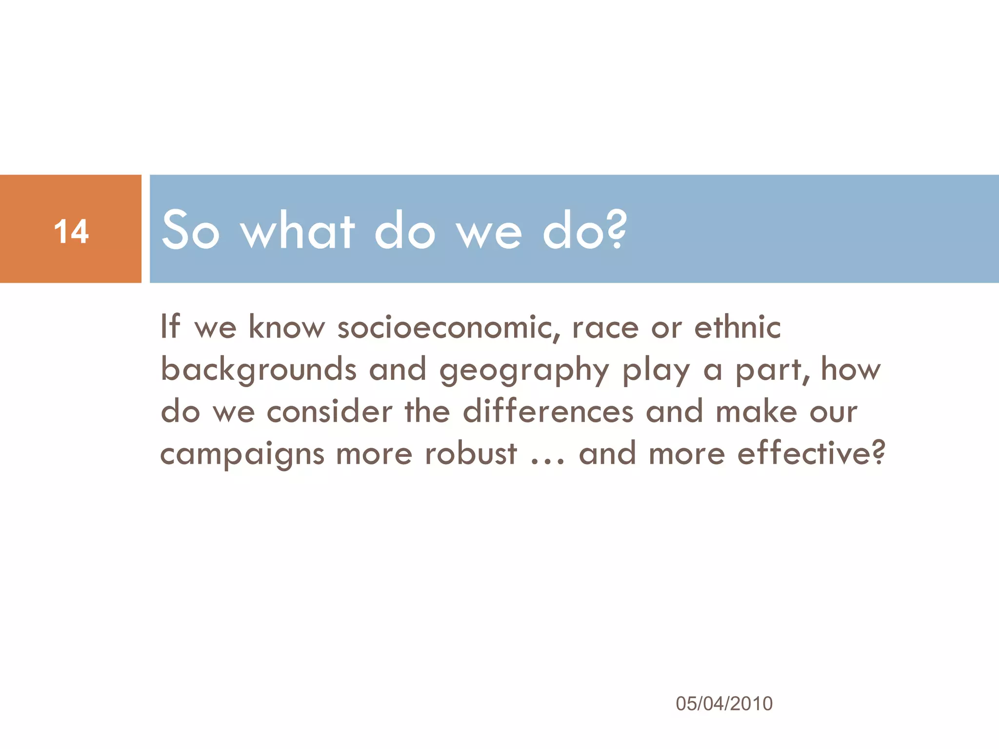 If we know socioeconomic, race or ethnic backgrounds and geography play a part, how do we consider the differences and make our campaigns more robust … and more effective? So what do we do? 05/04/2010 
