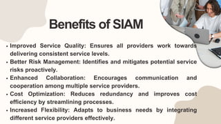 Benefits of SIAM
Improved Service Quality: Ensures all providers work towards
delivering consistent service levels.
Better Risk Management: Identifies and mitigates potential service
risks proactively.
Enhanced Collaboration: Encourages communication and
cooperation among multiple service providers.
Cost Optimization: Reduces redundancy and improves cost
efficiency by streamlining processes.
Increased Flexibility: Adapts to business needs by integrating
different service providers effectively.
 
