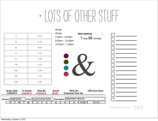 + lots of other stuff
              12             25.43


              24             21.95


              48             18.00




                                      &
              72             17.65


              96             15.48


              144            13.02


              288            12.34


              500            11.09


             1000            10.89




                                                @boldave_steph



Wednesday, October 3, 2012
 