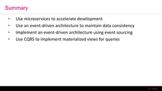 Summary
6/13/2016 T-Mobile Confidential39
• Use microservices to accelerate development
• Use an event-driven architecture to maintain data consistency
• Implement an event-driven architecture using event sourcing
• Use CQRS to implement materialized views for queries
 