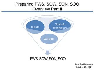Preparing PWS, SOW, SON, SOO 
Overview Part II 
Inputs Techniques 
Outputs 
Tools & 
PWS, SOW, SON, SOO 
Latesha Goodman 
October 29, 2014 
1 
 