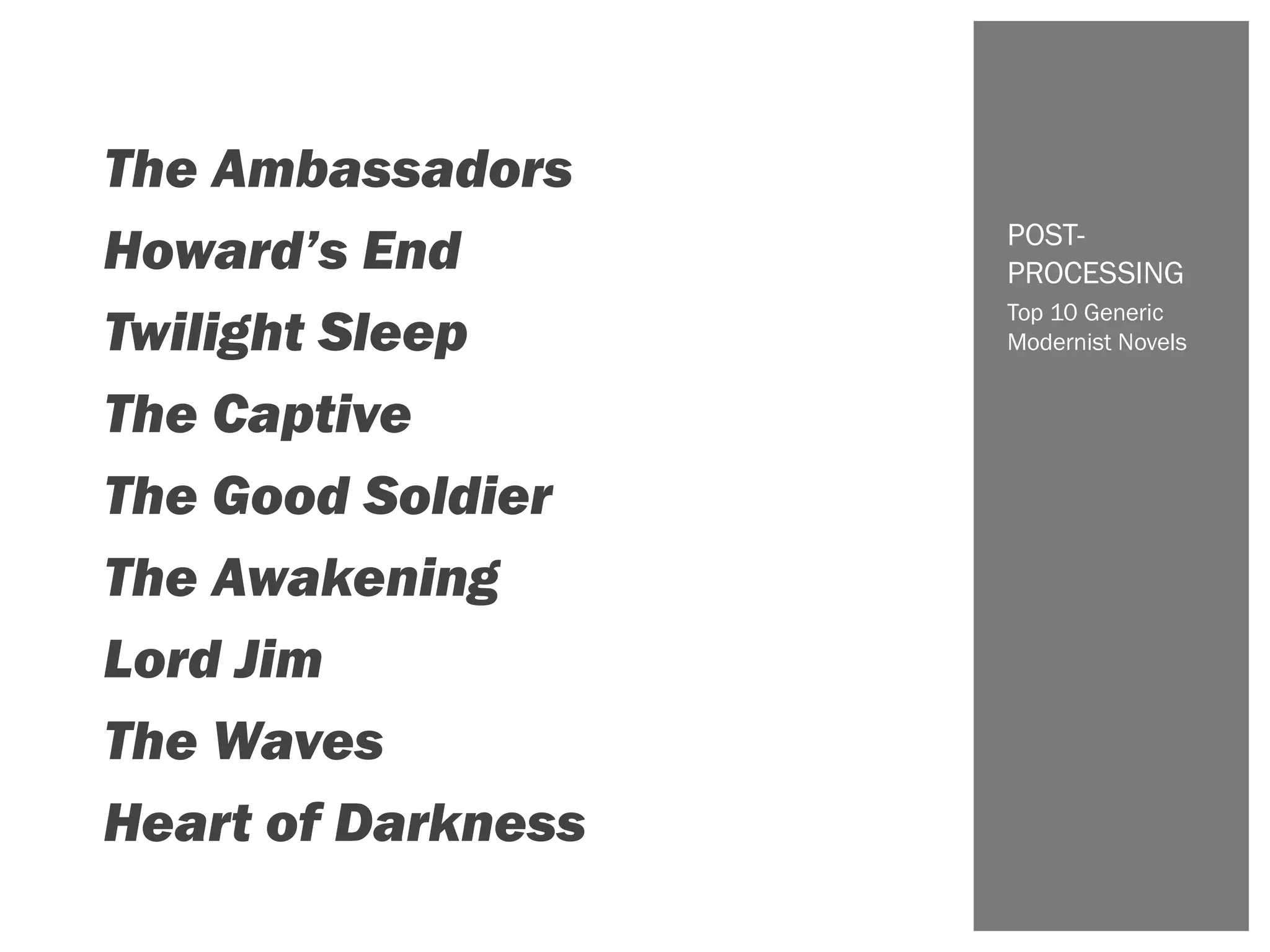 Top 10 Generic
Modernist Novels
POST-
PROCESSING
The Ambassadors
Howard’s End
Twilight Sleep
The Captive
The Good Soldier
The Awakening
Lord Jim
The Waves
Heart of Darkness
 