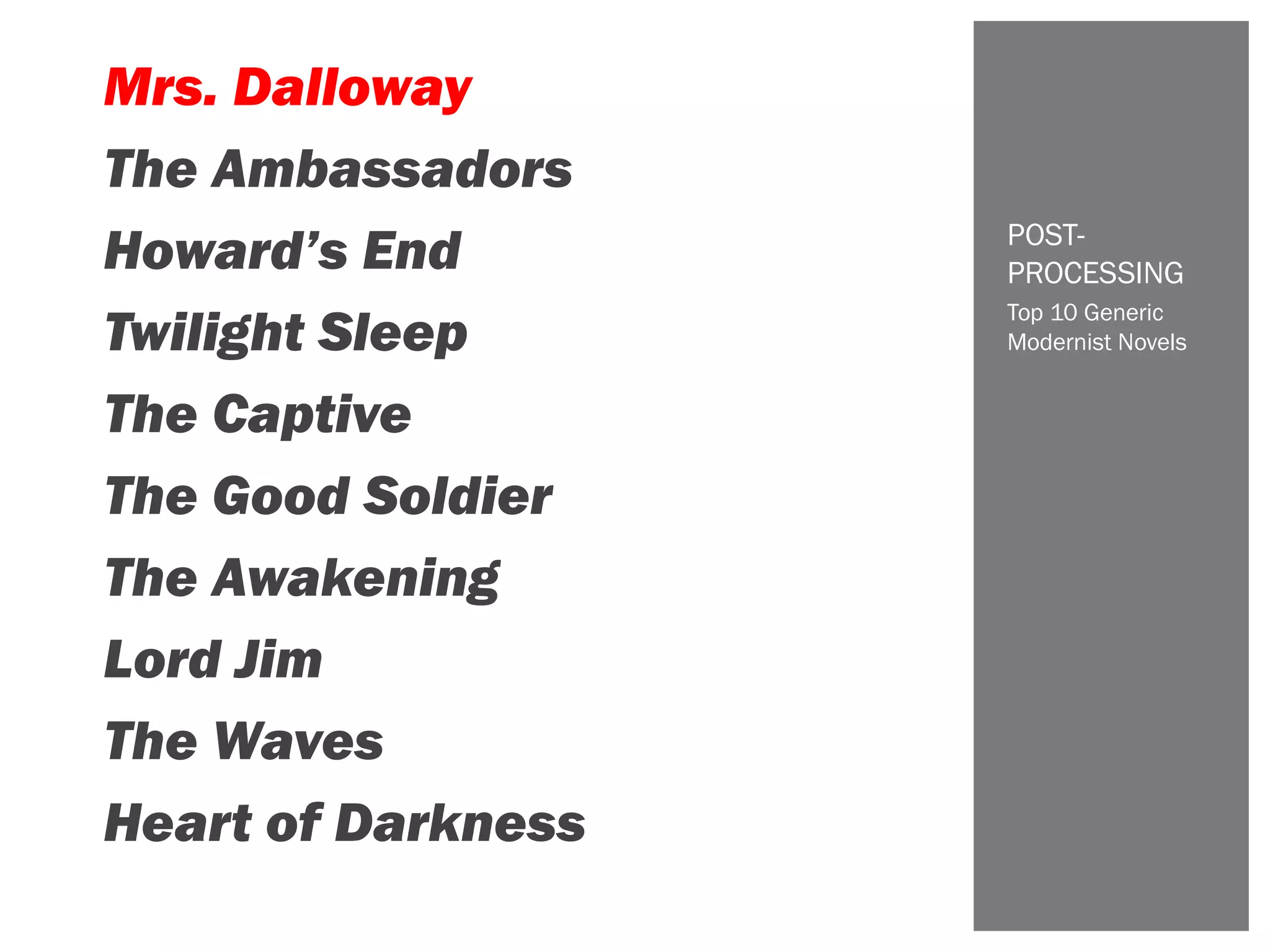 Top 10 Generic
Modernist Novels
POST-
PROCESSING
Mrs. Dalloway
The Ambassadors
Howard’s End
Twilight Sleep
The Captive
The Good Soldier
The Awakening
Lord Jim
The Waves
Heart of Darkness
 