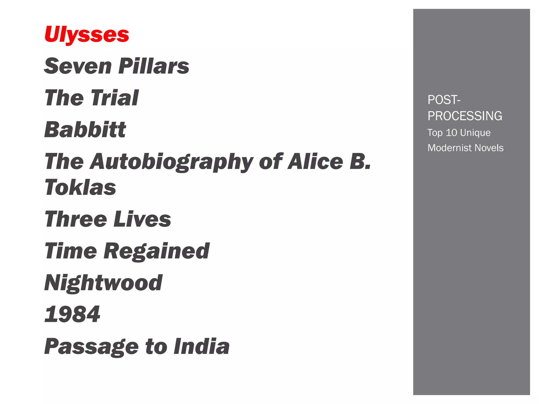 Top 10 Unique
Modernist Novels
POST-
PROCESSING
Ulysses
Seven Pillars
The Trial
Babbitt
The Autobiography of Alice B.
Toklas
Three Lives
Time Regained
Nightwood
1984
Passage to India
 