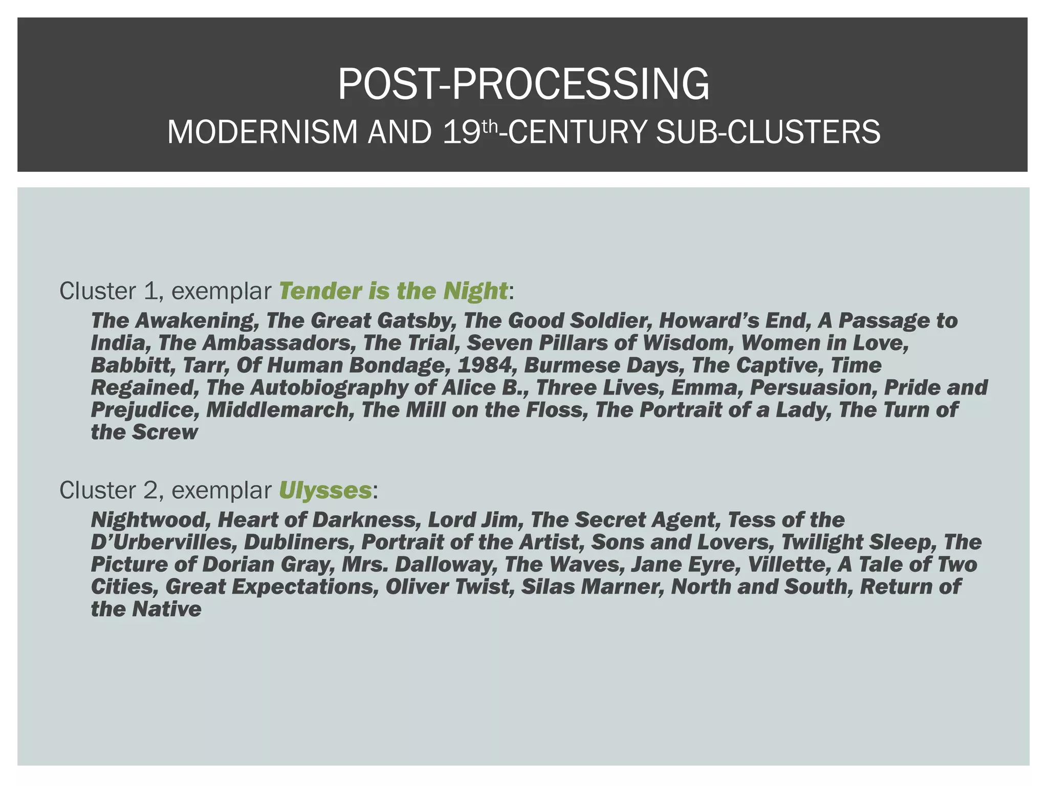 Cluster 1, exemplar Tender is the Night:
The Awakening, The Great Gatsby, The Good Soldier, Howard’s End, A Passage to
India, The Ambassadors, The Trial, Seven Pillars of Wisdom, Women in Love,
Babbitt, Tarr, Of Human Bondage, 1984, Burmese Days, The Captive, Time
Regained, The Autobiography of Alice B., Three Lives, Emma, Persuasion, Pride and
Prejudice, Middlemarch, The Mill on the Floss, The Portrait of a Lady, The Turn of
the Screw
Cluster 2, exemplar Ulysses:
Nightwood, Heart of Darkness, Lord Jim, The Secret Agent, Tess of the
D’Urbervilles, Dubliners, Portrait of the Artist, Sons and Lovers, Twilight Sleep, The
Picture of Dorian Gray, Mrs. Dalloway, The Waves, Jane Eyre, Villette, A Tale of Two
Cities, Great Expectations, Oliver Twist, Silas Marner, North and South, Return of
the Native
POST-PROCESSING
MODERNISM AND 19th
-CENTURY SUB-CLUSTERS
 