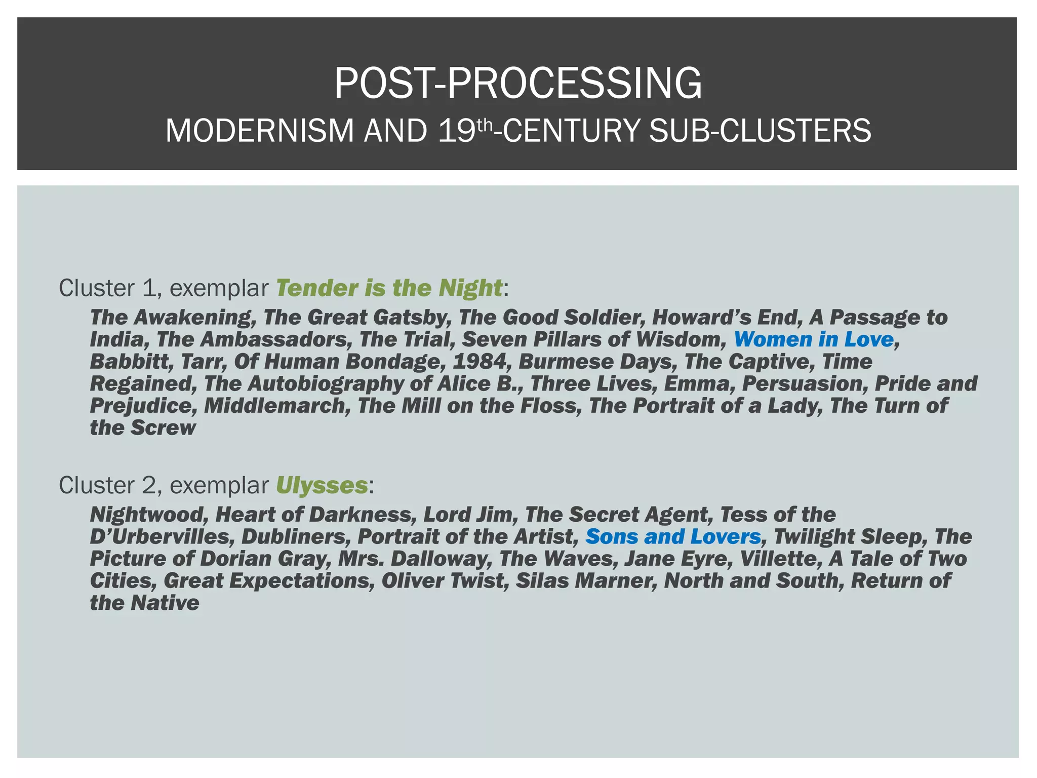 Cluster 1, exemplar Tender is the Night:
The Awakening, The Great Gatsby, The Good Soldier, Howard’s End, A Passage to
India, The Ambassadors, The Trial, Seven Pillars of Wisdom, Women in Love,
Babbitt, Tarr, Of Human Bondage, 1984, Burmese Days, The Captive, Time
Regained, The Autobiography of Alice B., Three Lives, Emma, Persuasion, Pride and
Prejudice, Middlemarch, The Mill on the Floss, The Portrait of a Lady, The Turn of
the Screw
Cluster 2, exemplar Ulysses:
Nightwood, Heart of Darkness, Lord Jim, The Secret Agent, Tess of the
D’Urbervilles, Dubliners, Portrait of the Artist, Sons and Lovers, Twilight Sleep, The
Picture of Dorian Gray, Mrs. Dalloway, The Waves, Jane Eyre, Villette, A Tale of Two
Cities, Great Expectations, Oliver Twist, Silas Marner, North and South, Return of
the Native
POST-PROCESSING
MODERNISM AND 19th
-CENTURY SUB-CLUSTERS
 