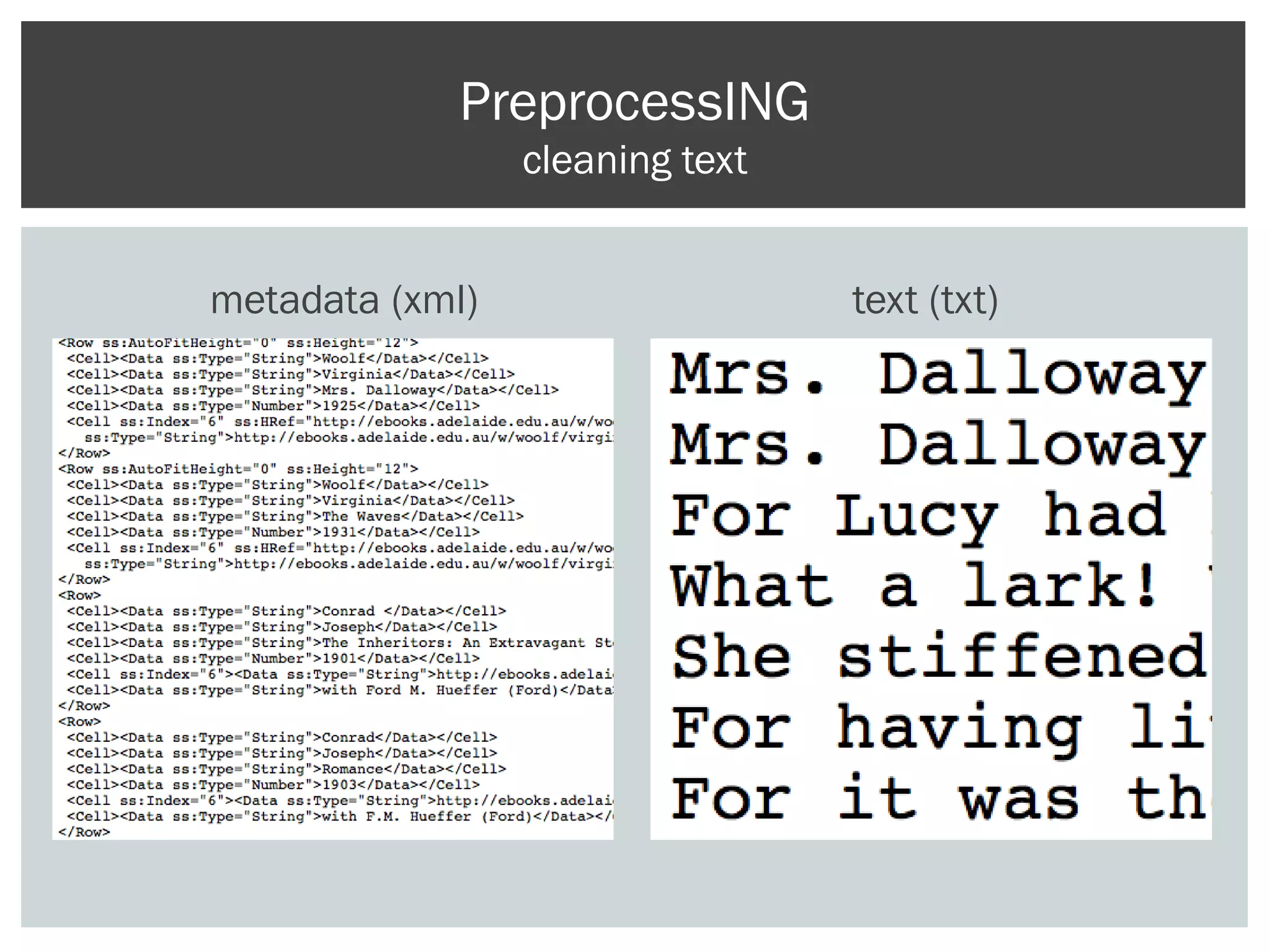metadata (xml) text (txt)
PreprocessING
cleaning text
 