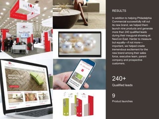 18
RESULTS
In addition to helping Philadelphia
Commercial successfully roll out
its new brand, we helped them
launch nine products and generate
more than 240 qualified leads
during their inaugural showing at
NeoCon East. Harder to measure
but equally—if not more—
important, we helped create
tremendous excitement for the
new brand among their sales
force, executive team, parent
company and prospective
customers.
240+
Qualified leads
9
Product launches
 