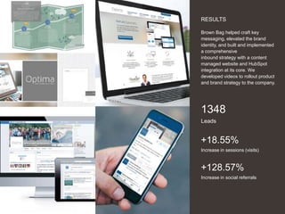 20
RESULTS
Brown Bag helped craft key
messaging, elevated the brand
identity, and built and implemented
a comprehensive
inbound strategy with a content
managed website and HubSpot
integration at its core. We
developed videos to rollout product
and brand strategy to the company.
1348
Leads
+18.55%
Increase in sessions (visits)
+128.57%
Increase in social referrals
 