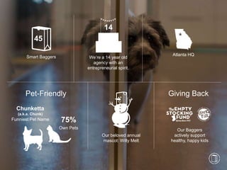 4
Atlanta HQ
14
We’re a 14 year old
agency with an
entrepreneurial spirit.
45
Smart Baggers
Pet-Friendly
75%
Own Pets
Chunketta
(a.k.a. Chunk)
Funniest Pet Name
Giving Back
Our Baggers
actively support
healthy, happy kids
Our beloved annual
mascot: Willy Melt
 