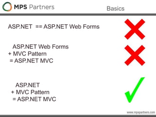 Basics
ASP.NET Web Forms
+ MVC Pattern
= ASP.NET MVC
ASP.NET
+ MVC Pattern
= ASP.NET MVC
ASP.NET == ASP.NET Web Forms
 